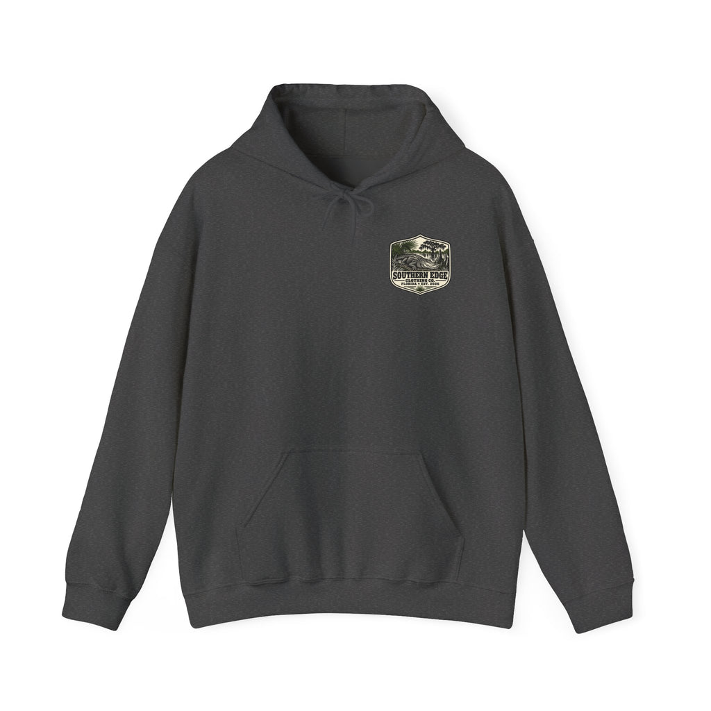 Minimal Military Patch Hoodie — Camouflage Pocket Emblem Sweatshirt