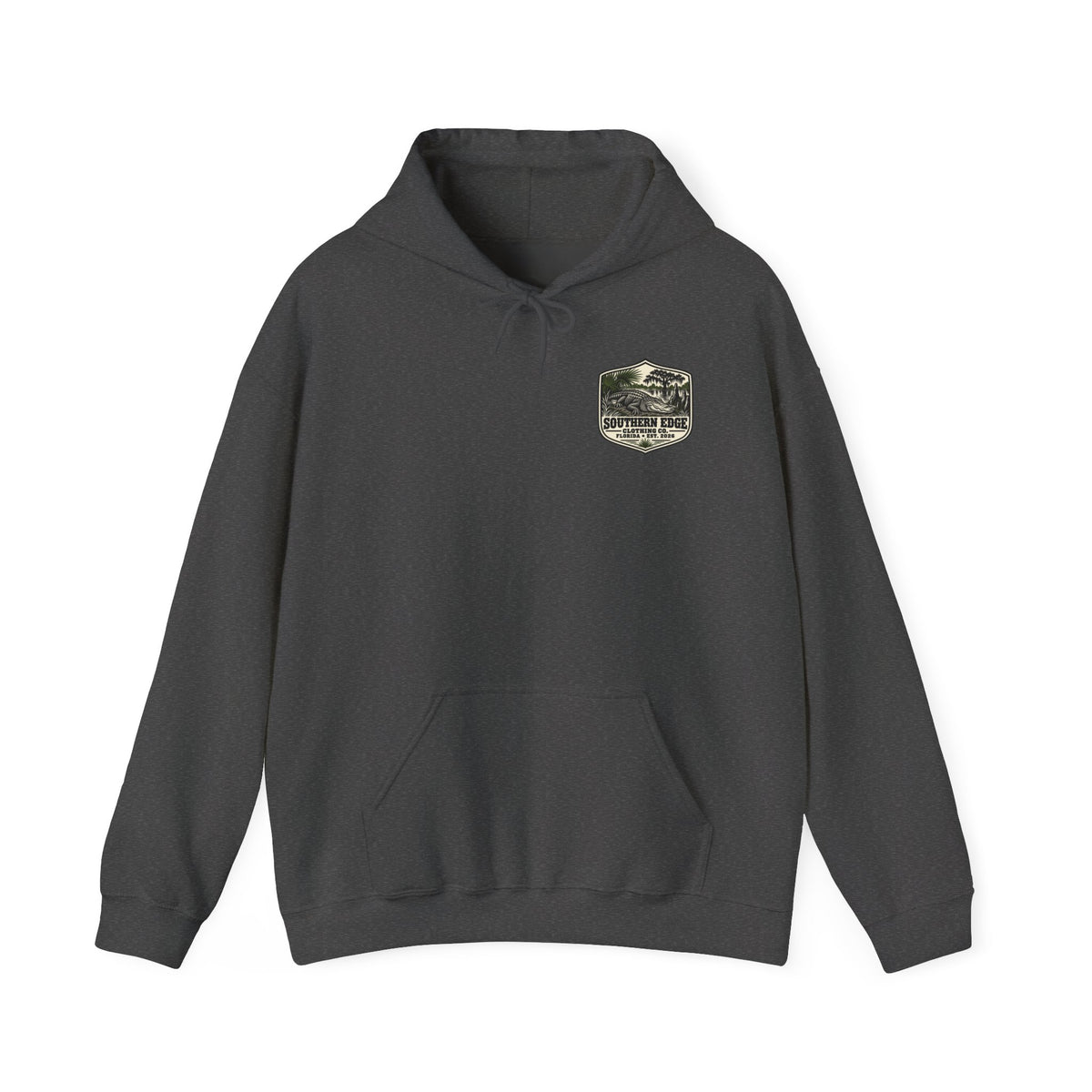 Minimal Military Patch Hoodie — Camouflage Pocket Emblem Sweatshirt