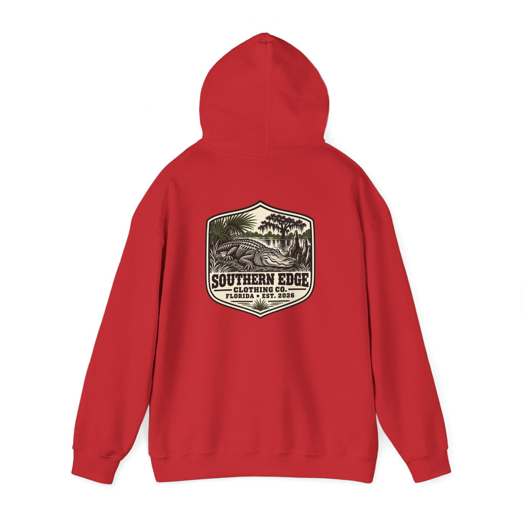 Minimal Military Patch Hoodie — Camouflage Pocket Emblem Sweatshirt