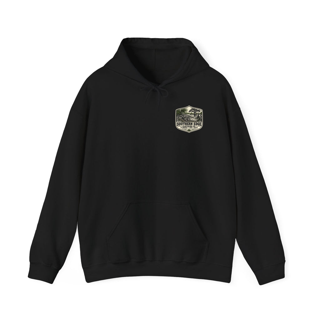 Minimal Military Patch Hoodie — Camouflage Pocket Emblem Sweatshirt