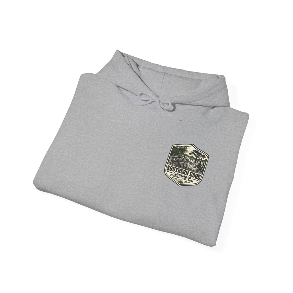 Minimal Military Patch Hoodie — Camouflage Pocket Emblem Sweatshirt