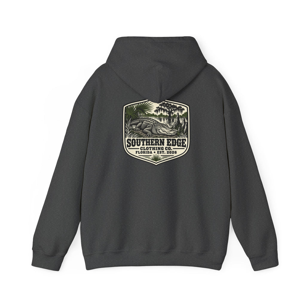 Minimal Military Patch Hoodie — Camouflage Pocket Emblem Sweatshirt
