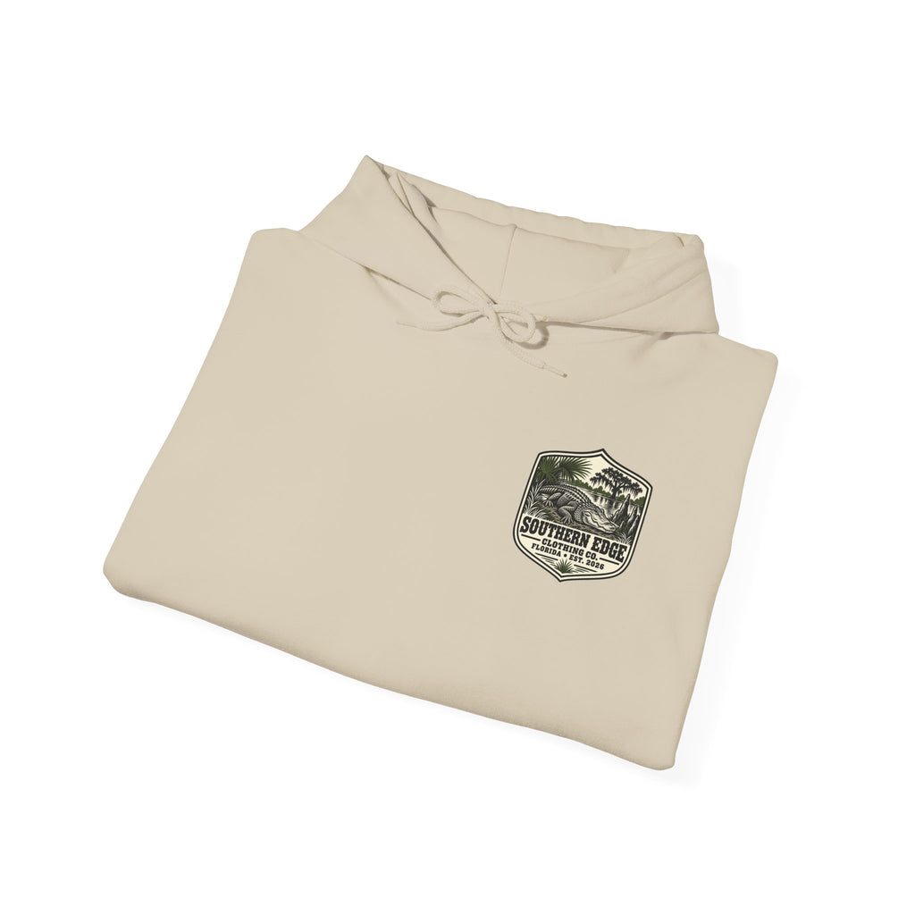 Minimal Military Patch Hoodie — Camouflage Pocket Emblem Sweatshirt