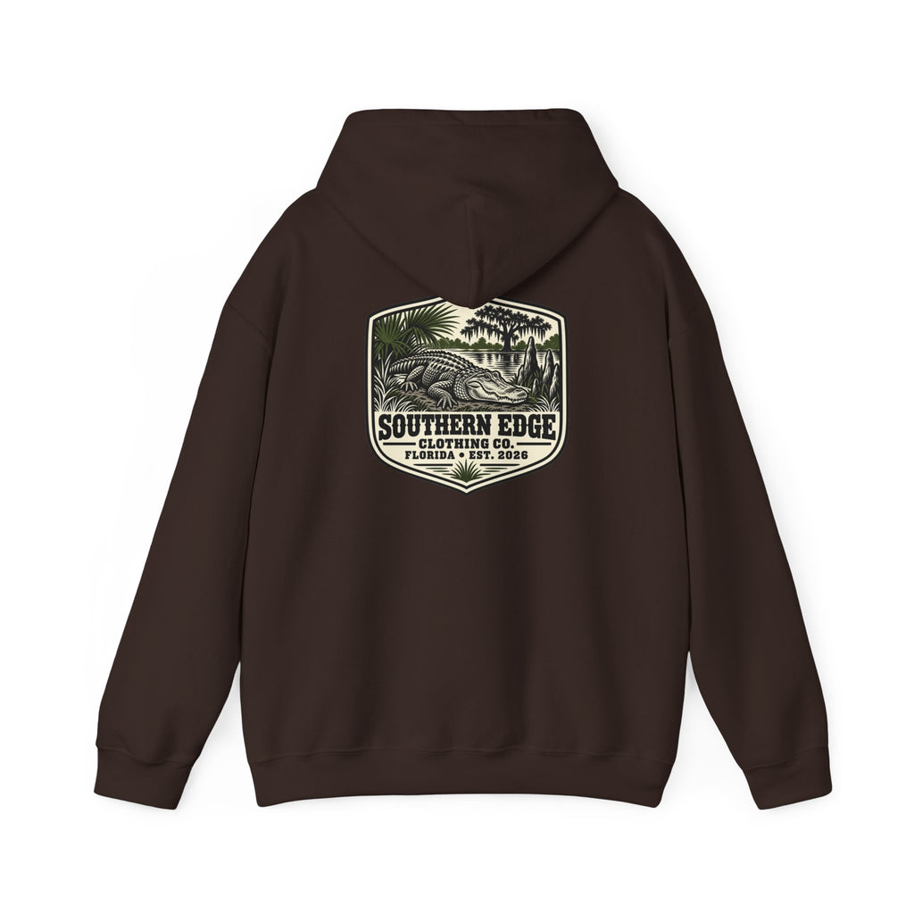 Minimal Military Patch Hoodie — Camouflage Pocket Emblem Sweatshirt