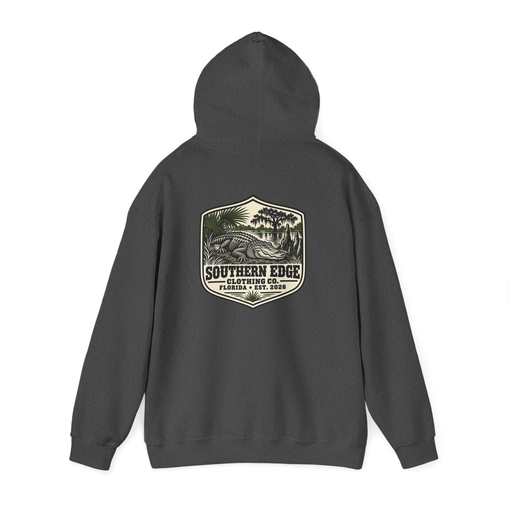 Minimal Military Patch Hoodie — Camouflage Pocket Emblem Sweatshirt