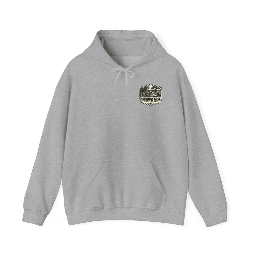 Minimal Military Patch Hoodie — Camouflage Pocket Emblem Sweatshirt