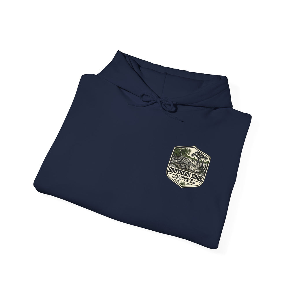 Minimal Military Patch Hoodie — Camouflage Pocket Emblem Sweatshirt