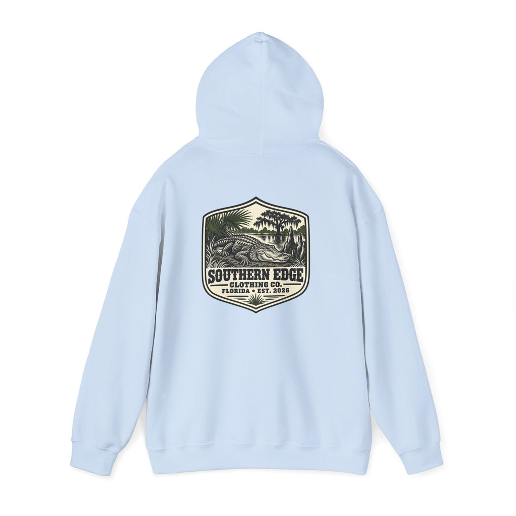 Minimal Military Patch Hoodie — Camouflage Pocket Emblem Sweatshirt