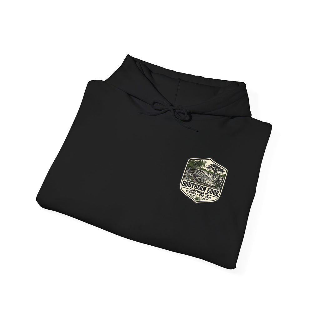Minimal Military Patch Hoodie — Camouflage Pocket Emblem Sweatshirt