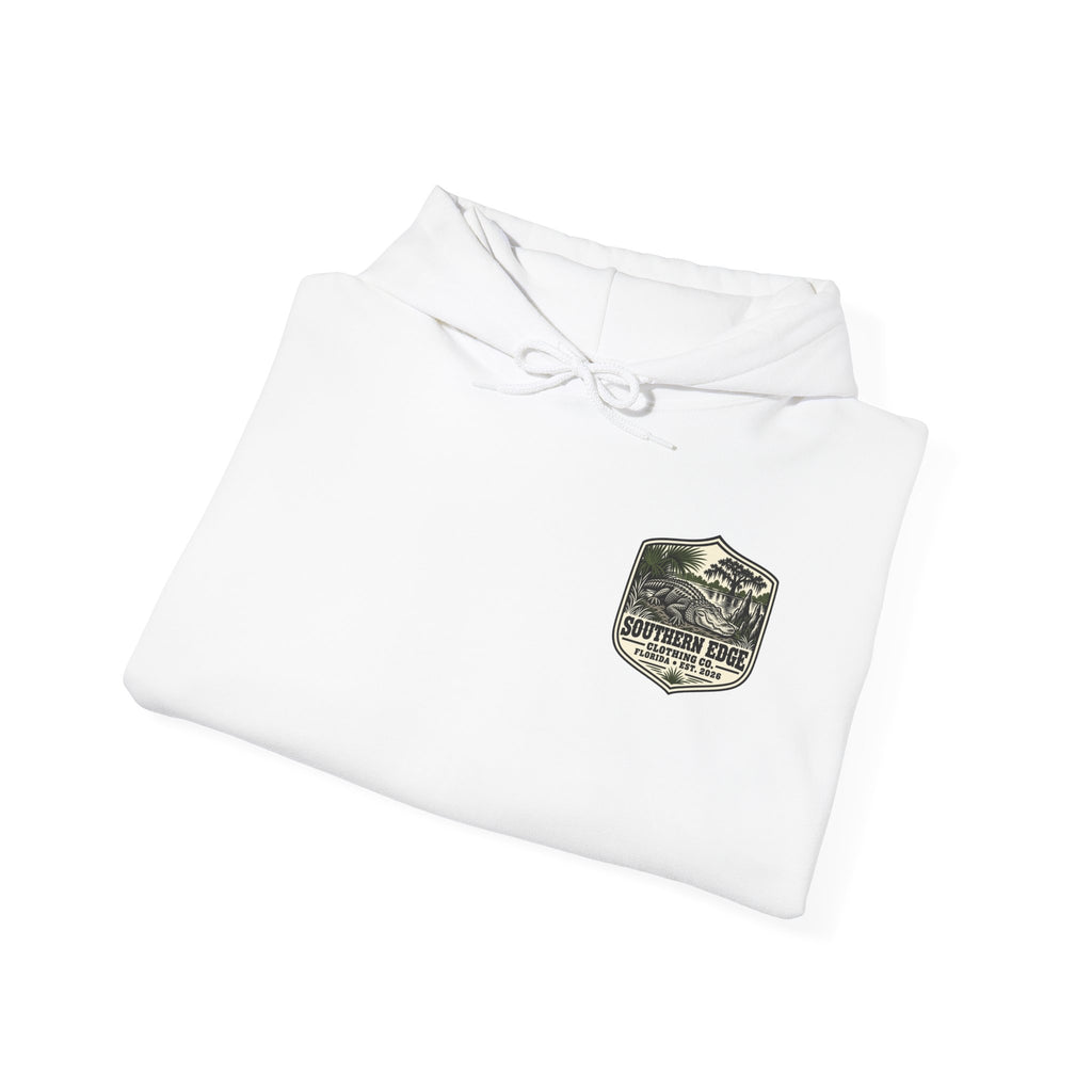 Minimal Military Patch Hoodie — Camouflage Pocket Emblem Sweatshirt