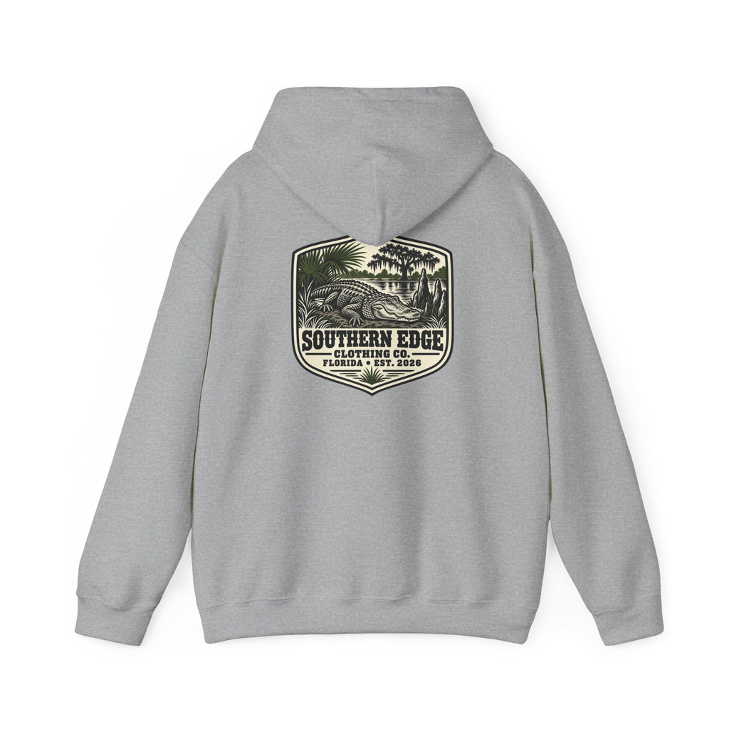 Minimal Military Patch Hoodie — Camouflage Pocket Emblem Sweatshirt
