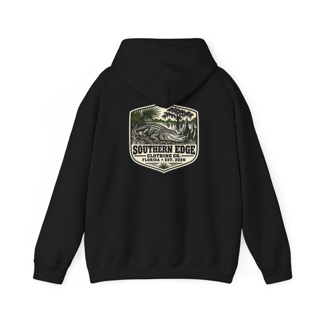 Minimal Military Patch Hoodie — Camouflage Pocket Emblem Sweatshirt