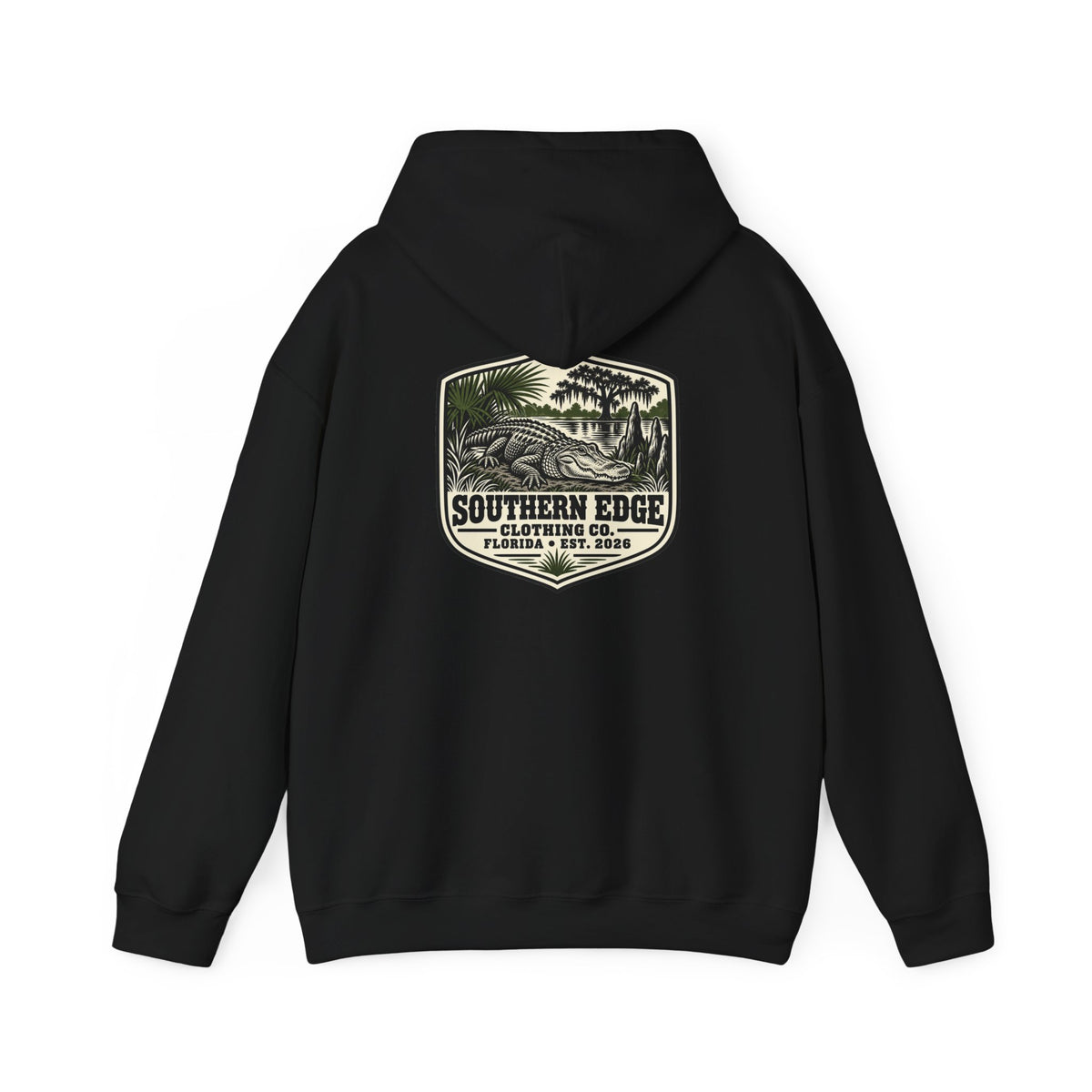Minimal Military Patch Hoodie — Camouflage Pocket Emblem Sweatshirt