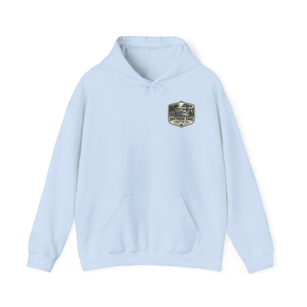 Minimal Military Patch Hoodie — Camouflage Pocket Emblem Sweatshirt