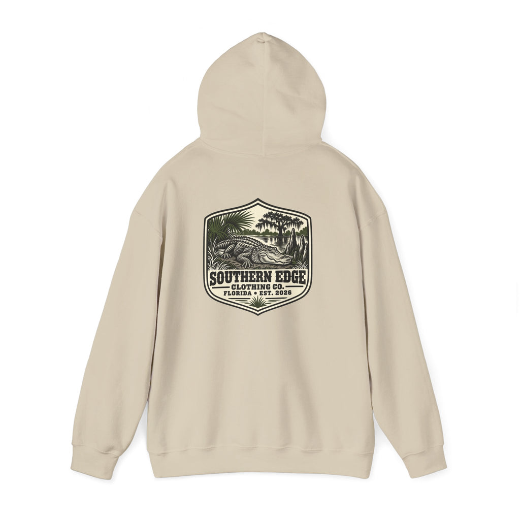 Minimal Military Patch Hoodie — Camouflage Pocket Emblem Sweatshirt