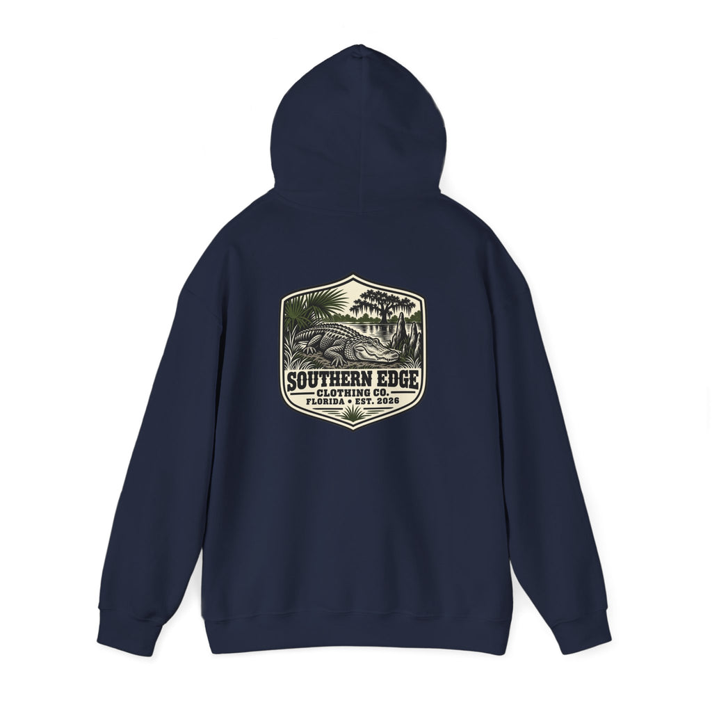 Minimal Military Patch Hoodie — Camouflage Pocket Emblem Sweatshirt