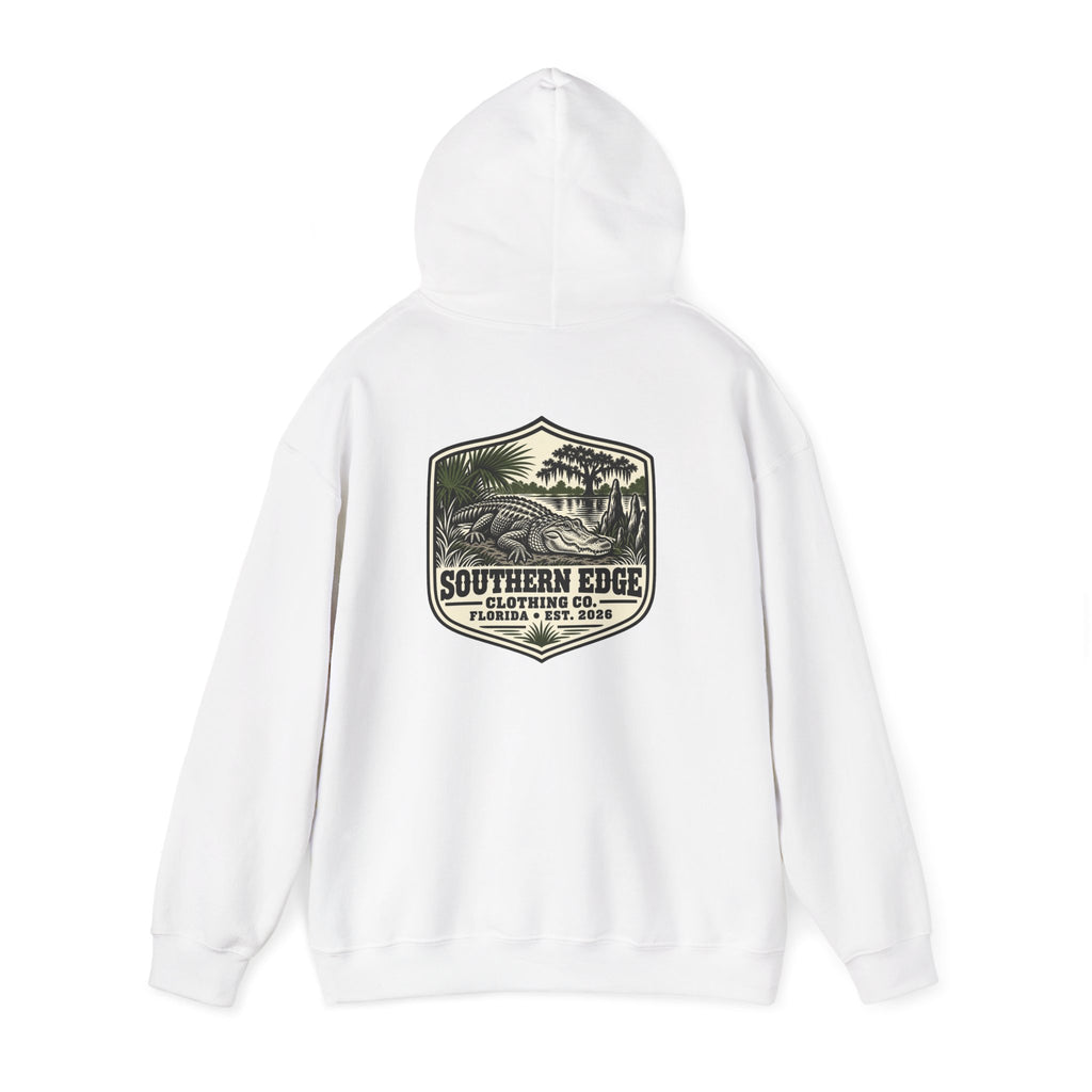 Minimal Military Patch Hoodie — Camouflage Pocket Emblem Sweatshirt