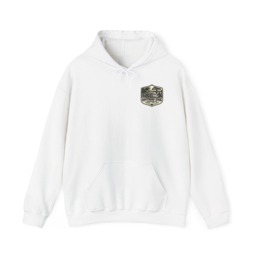 Minimal Military Patch Hoodie — Camouflage Pocket Emblem Sweatshirt