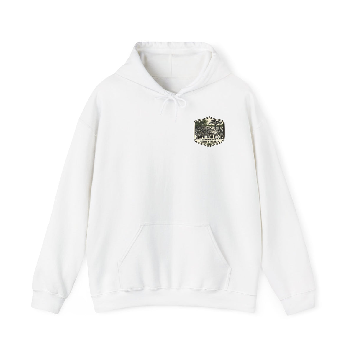 Minimal Military Patch Hoodie — Camouflage Pocket Emblem Sweatshirt