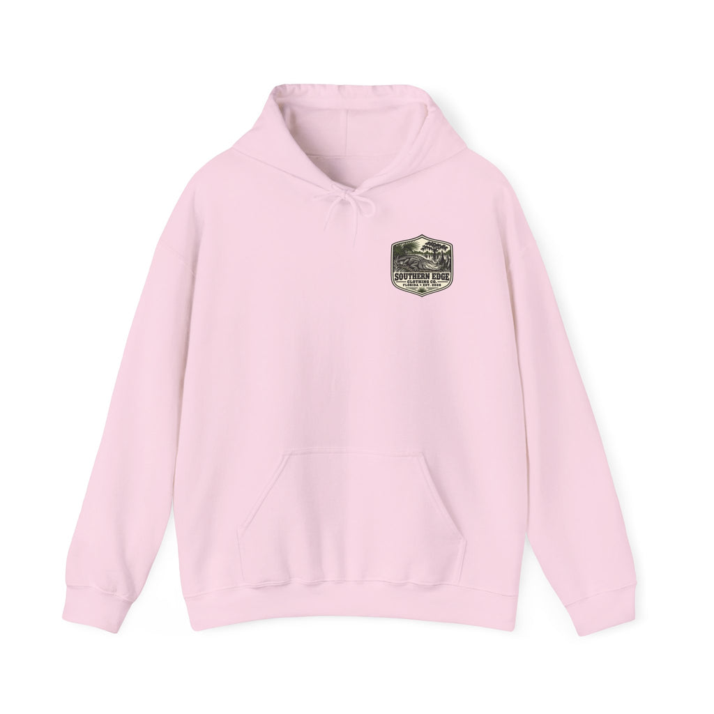 Minimal Military Patch Hoodie — Camouflage Pocket Emblem Sweatshirt