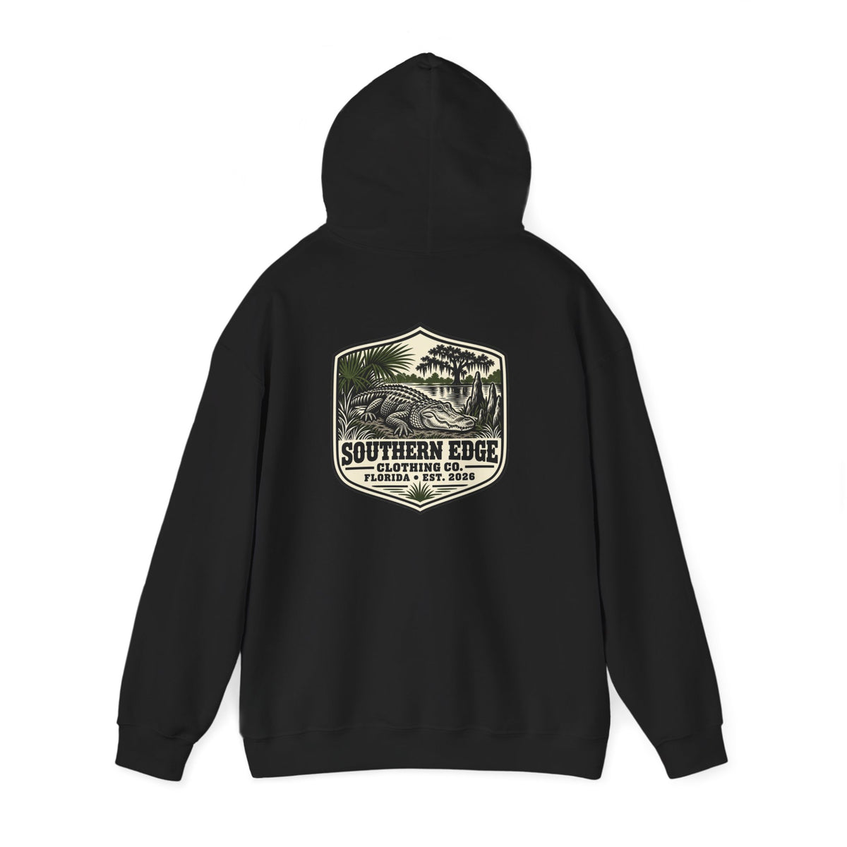 Minimal Military Patch Hoodie — Camouflage Pocket Emblem Sweatshirt