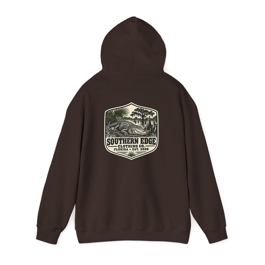 Minimal Military Patch Hoodie — Camouflage Pocket Emblem Sweatshirt