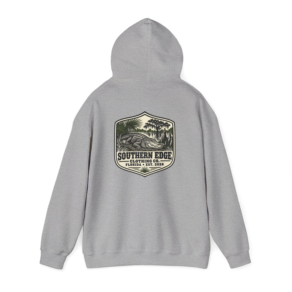 Minimal Military Patch Hoodie — Camouflage Pocket Emblem Sweatshirt